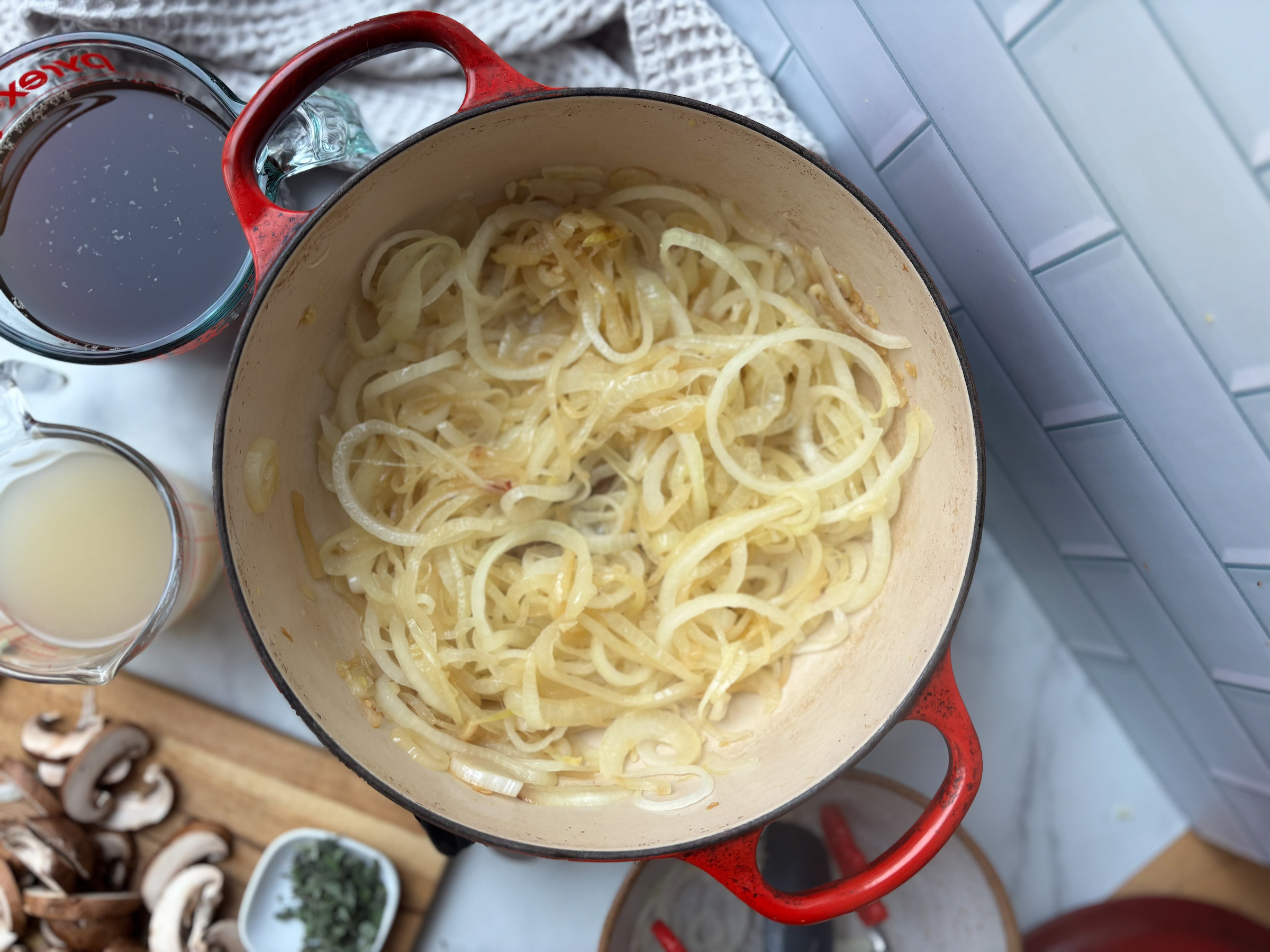 The cooked onions for the French Onion Soup in the pot