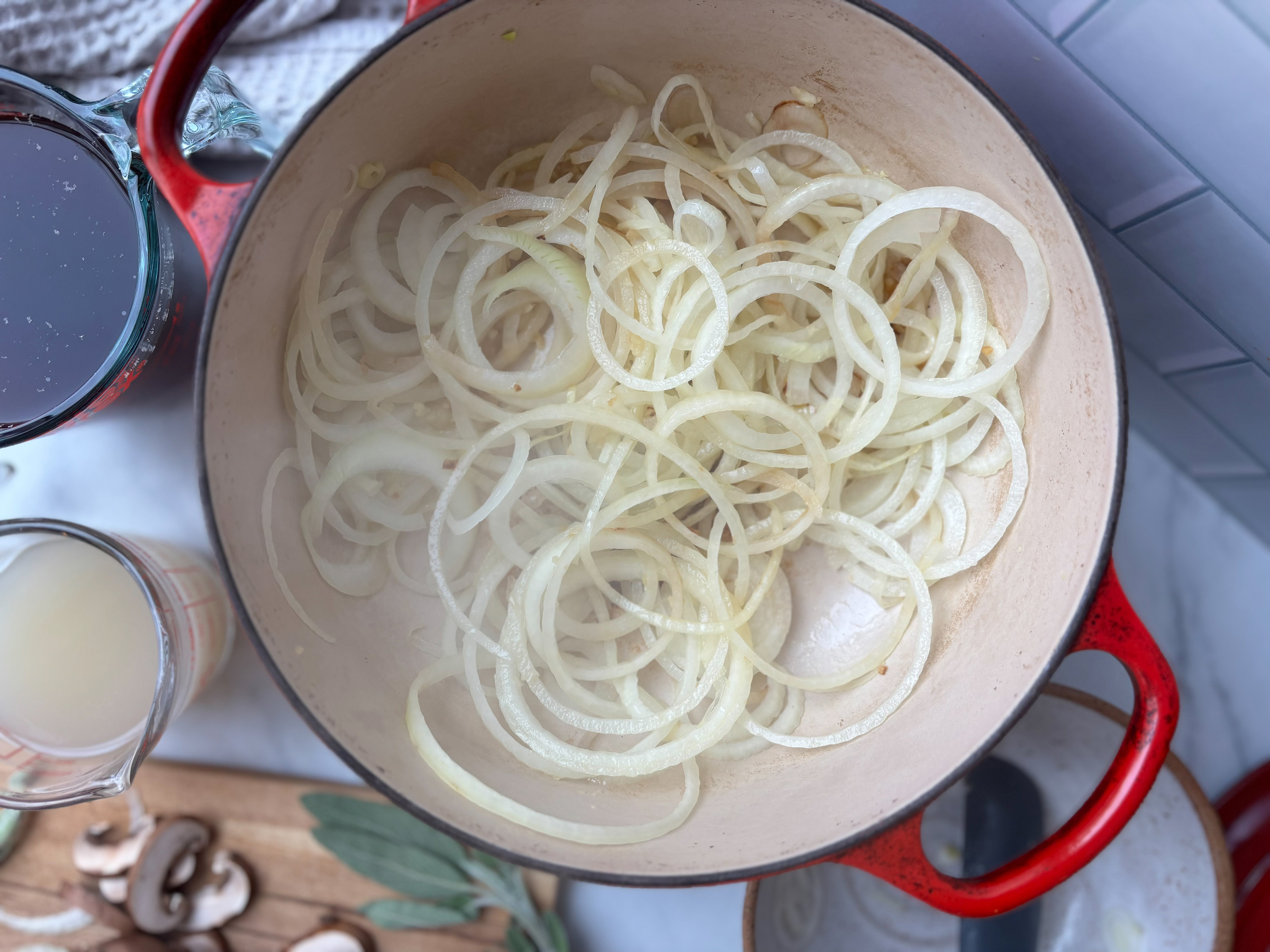 Onions for the French Onion Soup in the pot, uncooked