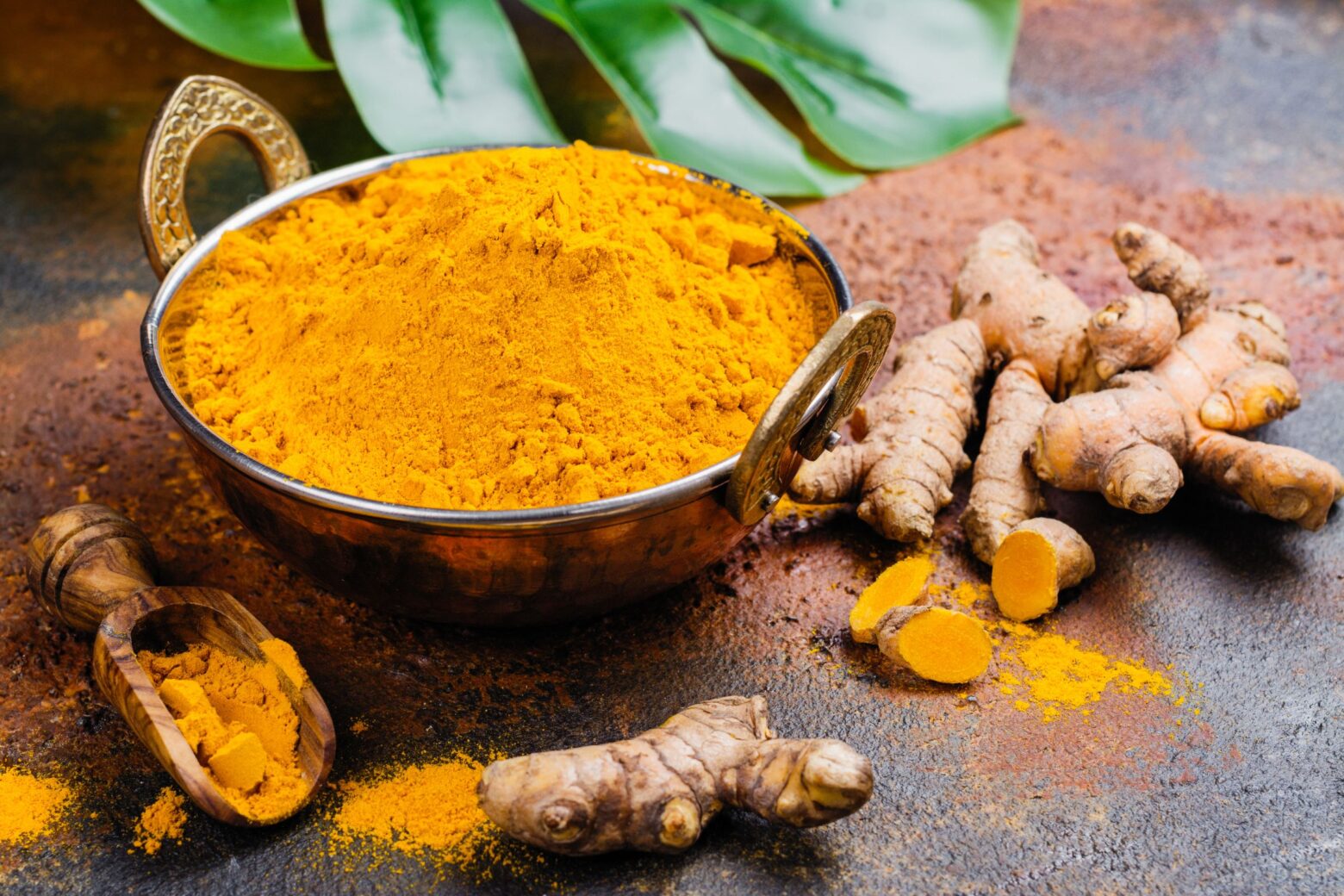 A bowl of ground turmeric with whole sliced turmeric rhizomes around it