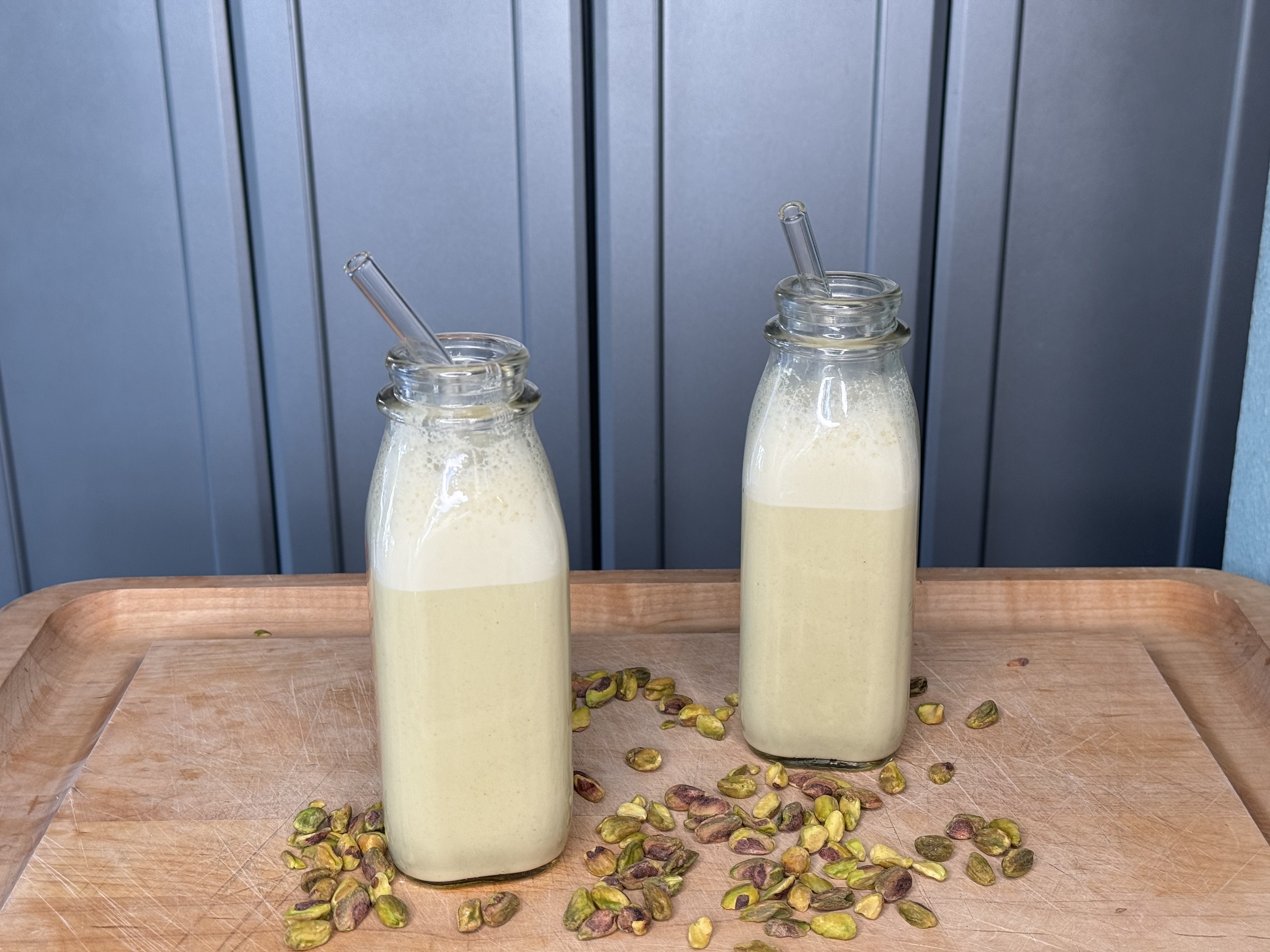 Pistachio milk finished on a cutting board. 