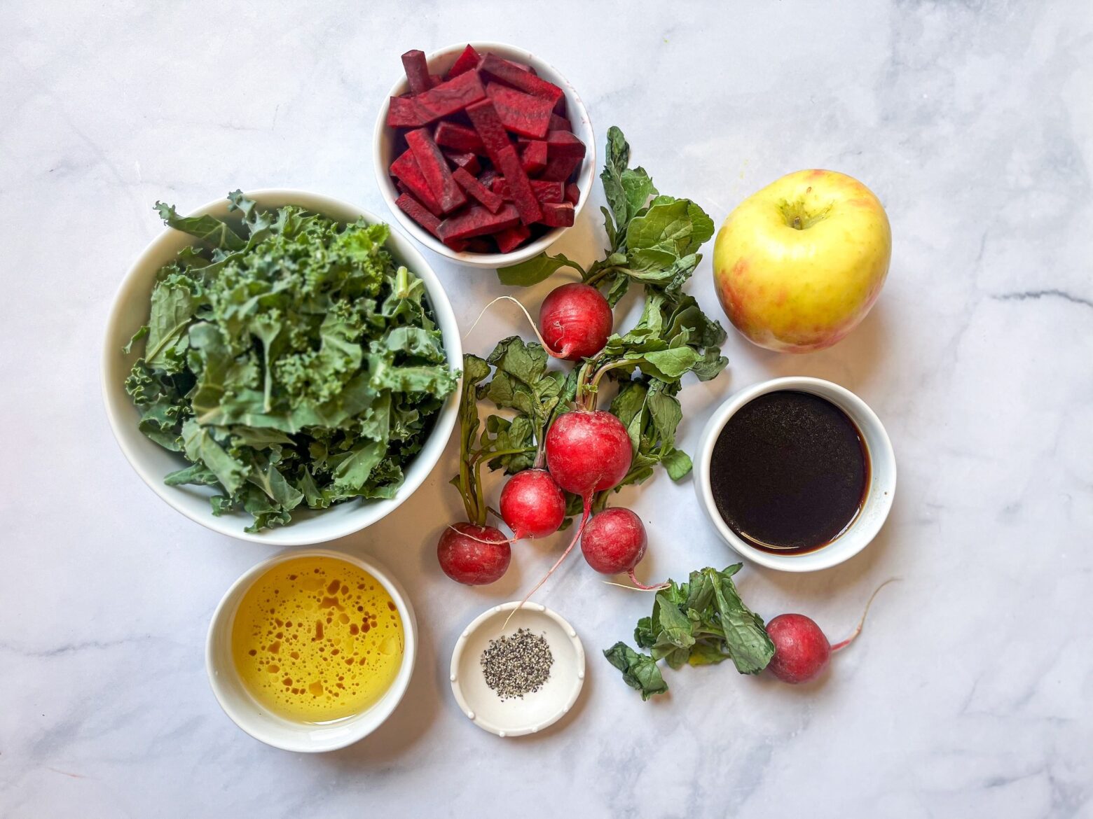Red root kale salad ingredients.
