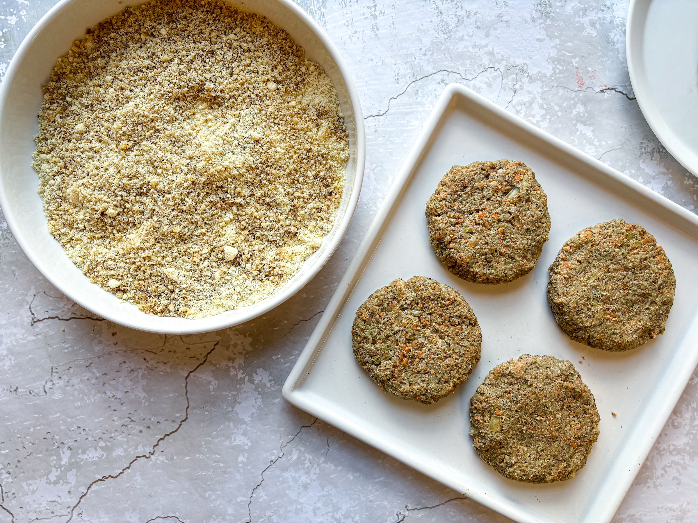 Vegan crab cakes being prepped for the outer layer. 