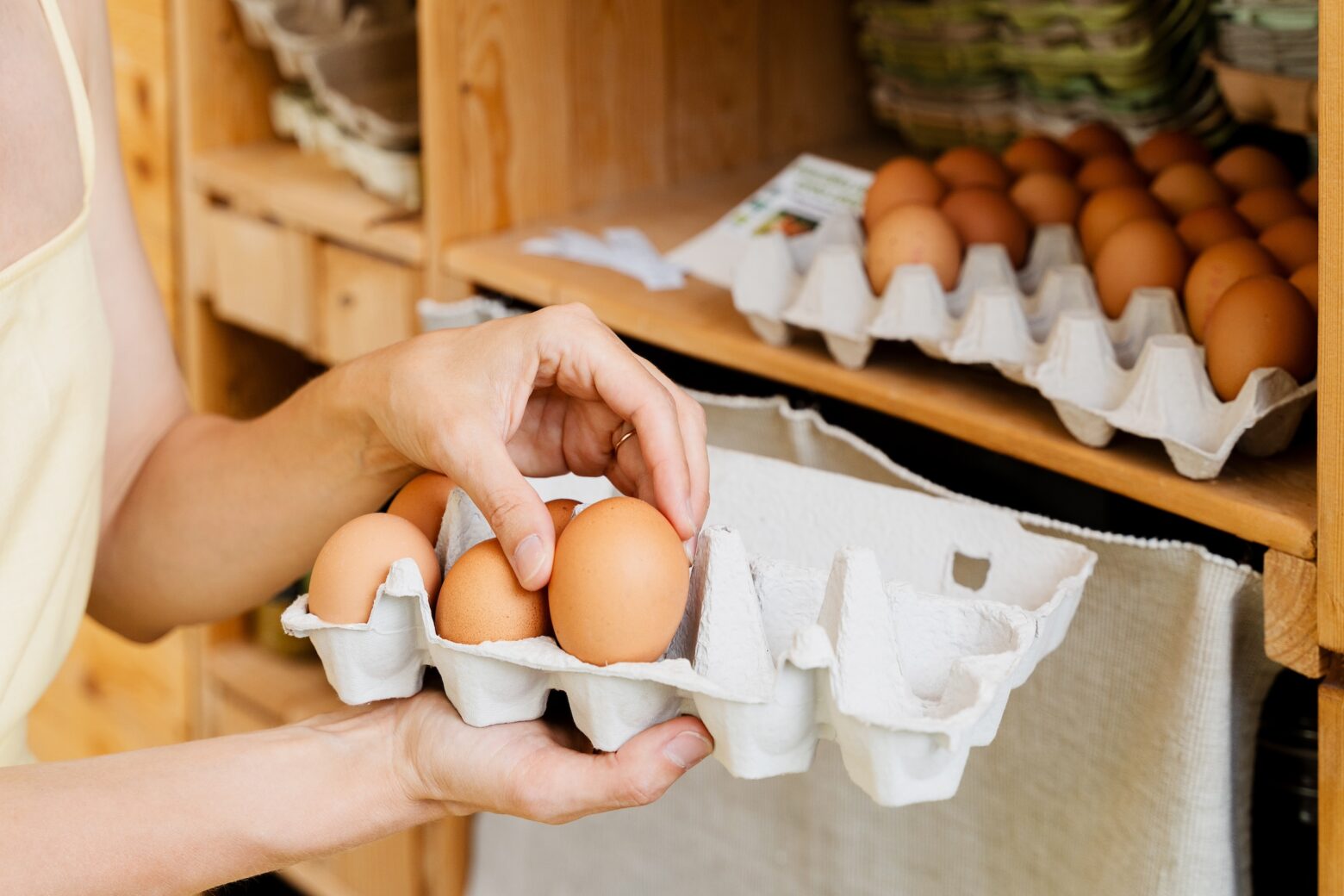 Women placing eggs in carton.