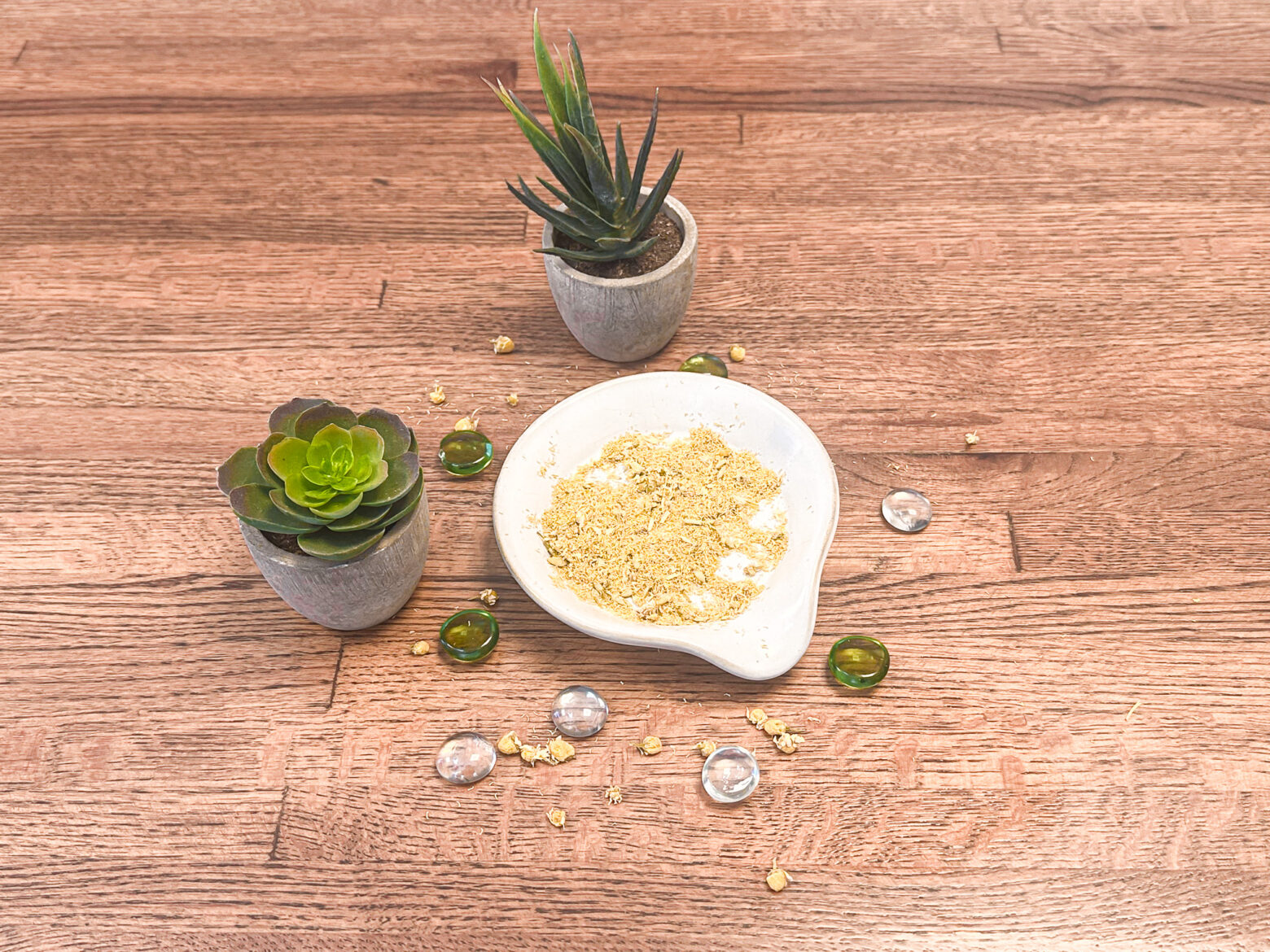 DIY makeup remover prepping the crushed chamomile.