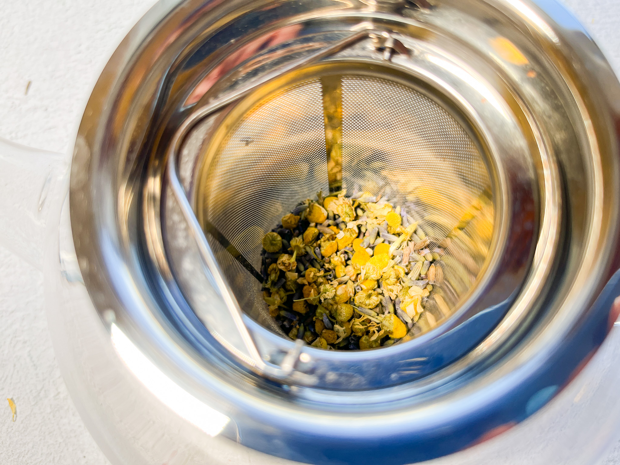 Bedtime Bloom Tea close-up in the steeper.