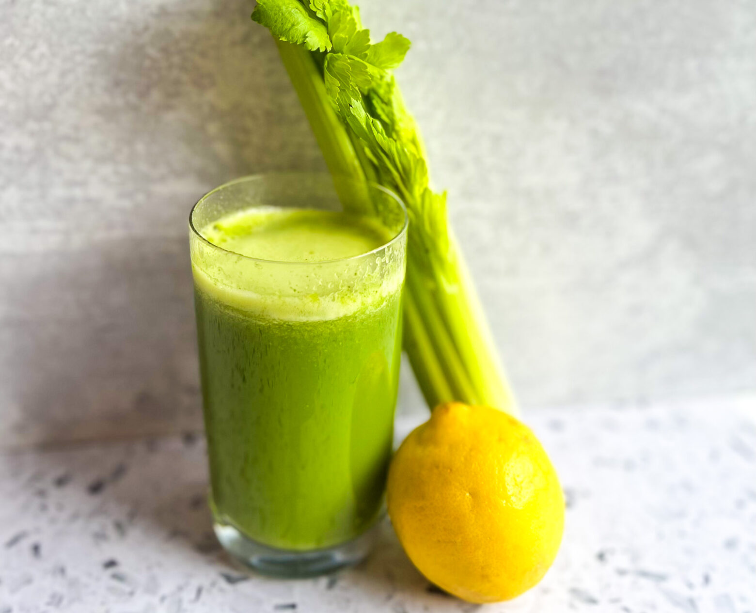 Tropical green juice finished with celery and lemon.