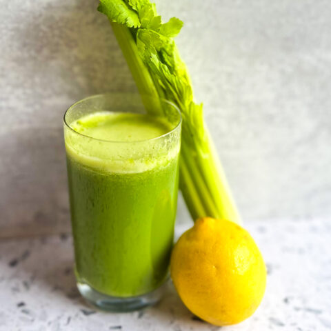 Tropical green juice finished with celery and lemon.