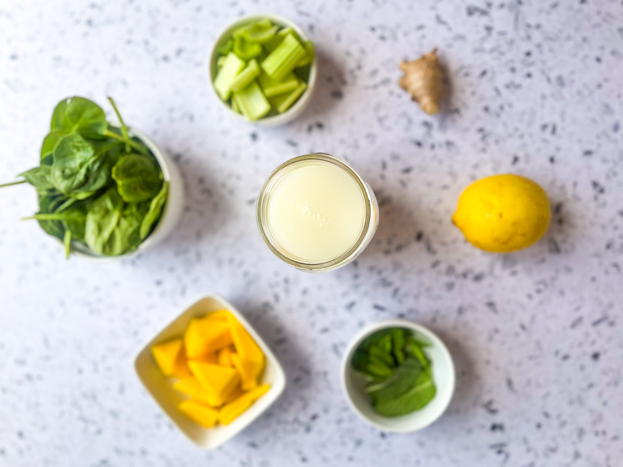 Tropical green smoothie ingredients. 