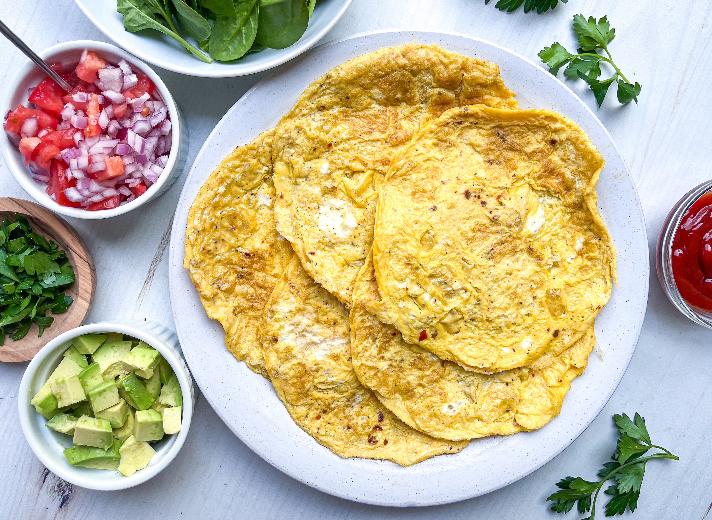 Veggie breakfast burrito with eggs wraps ready to be filled. 