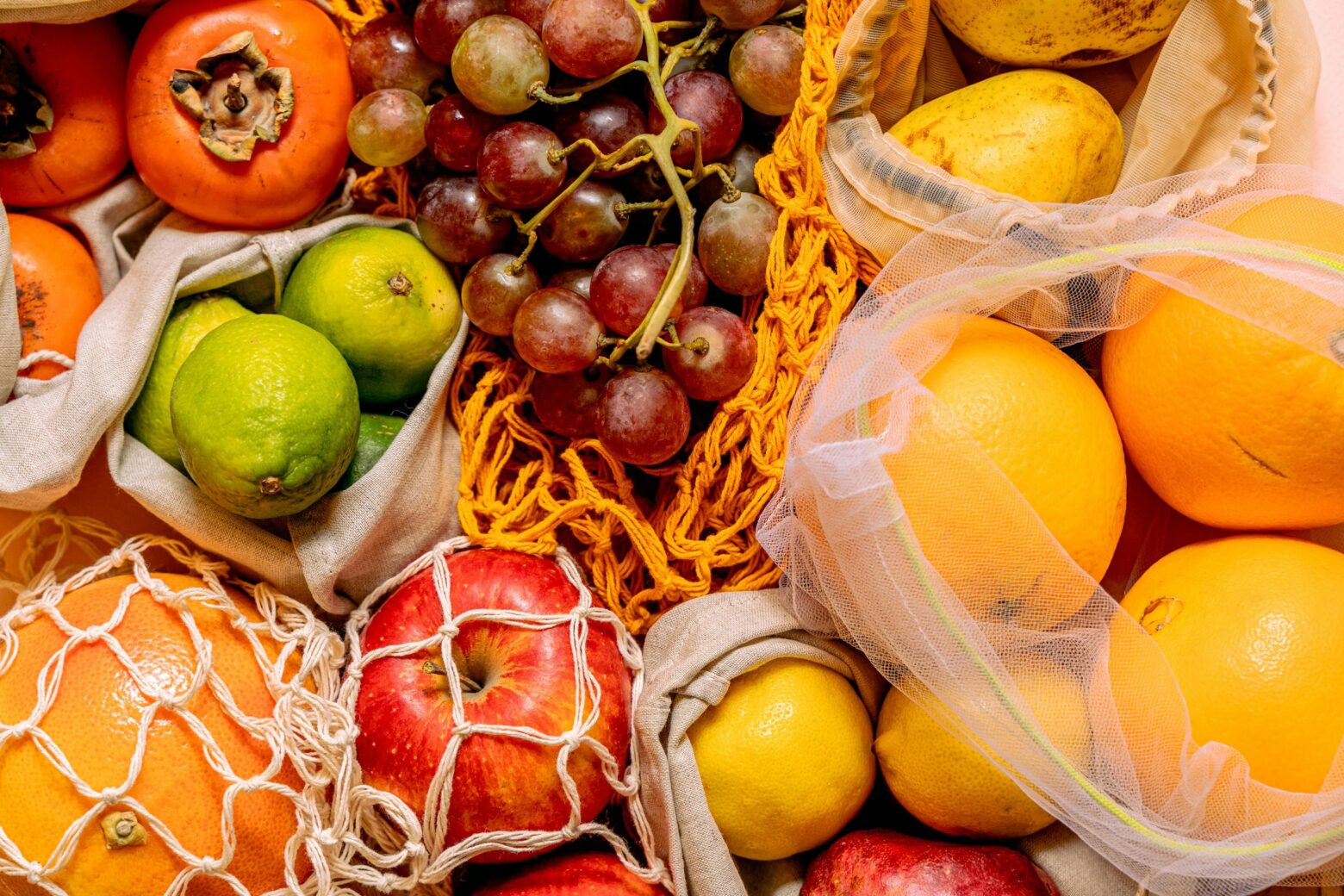 Fruits spread across a table.
