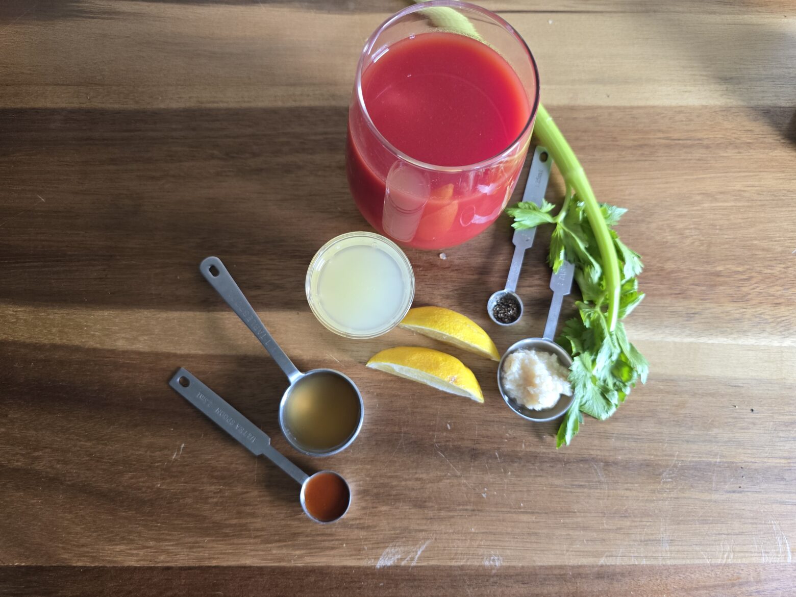 Bloody mary mocktail prepping ingredients.