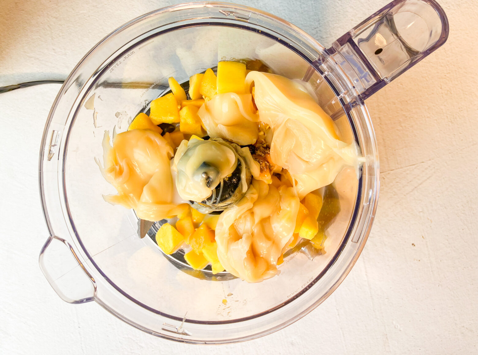 Mango lassi prep in blender.