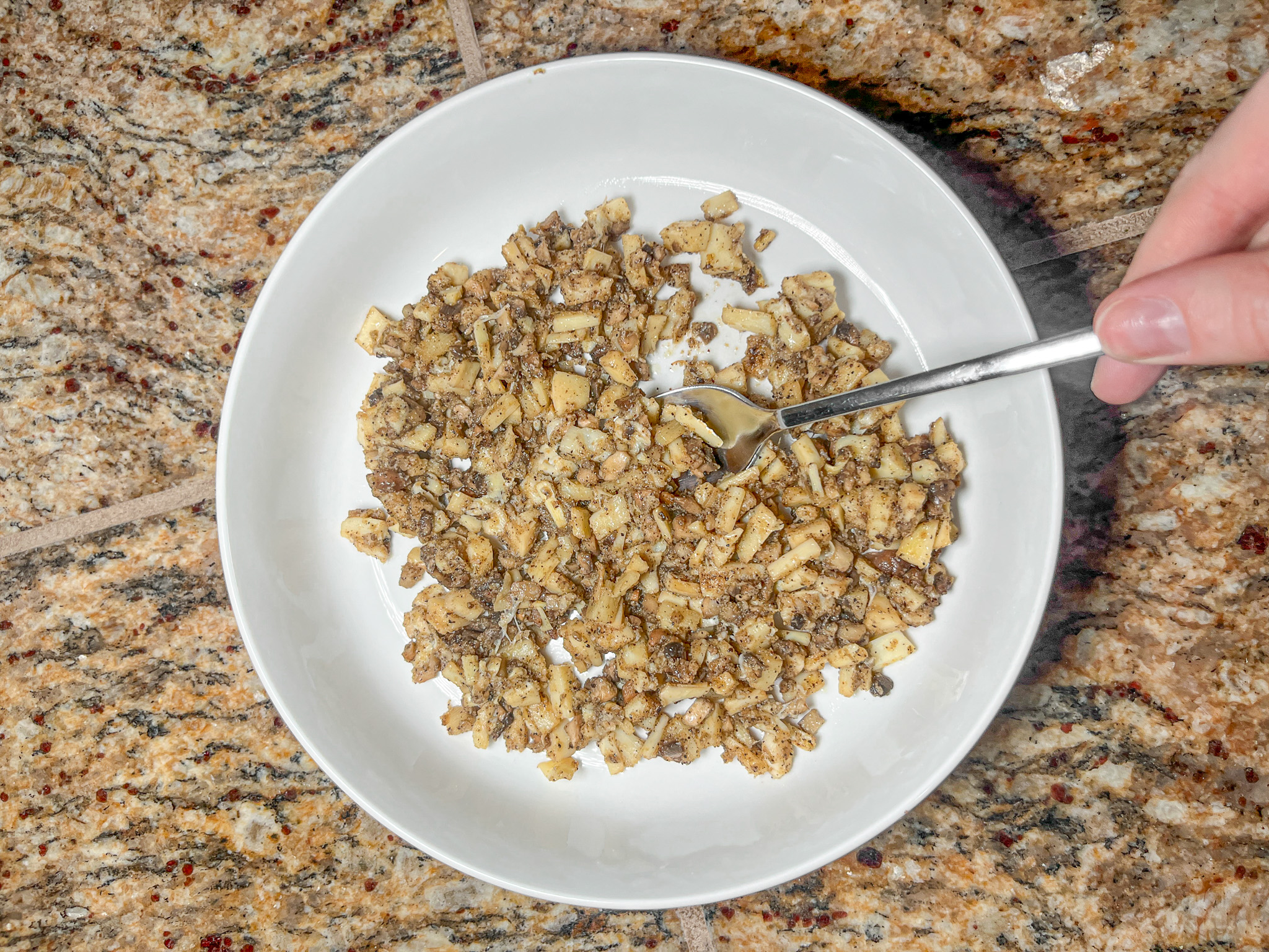 Mushroom rice plated with a spoon. 