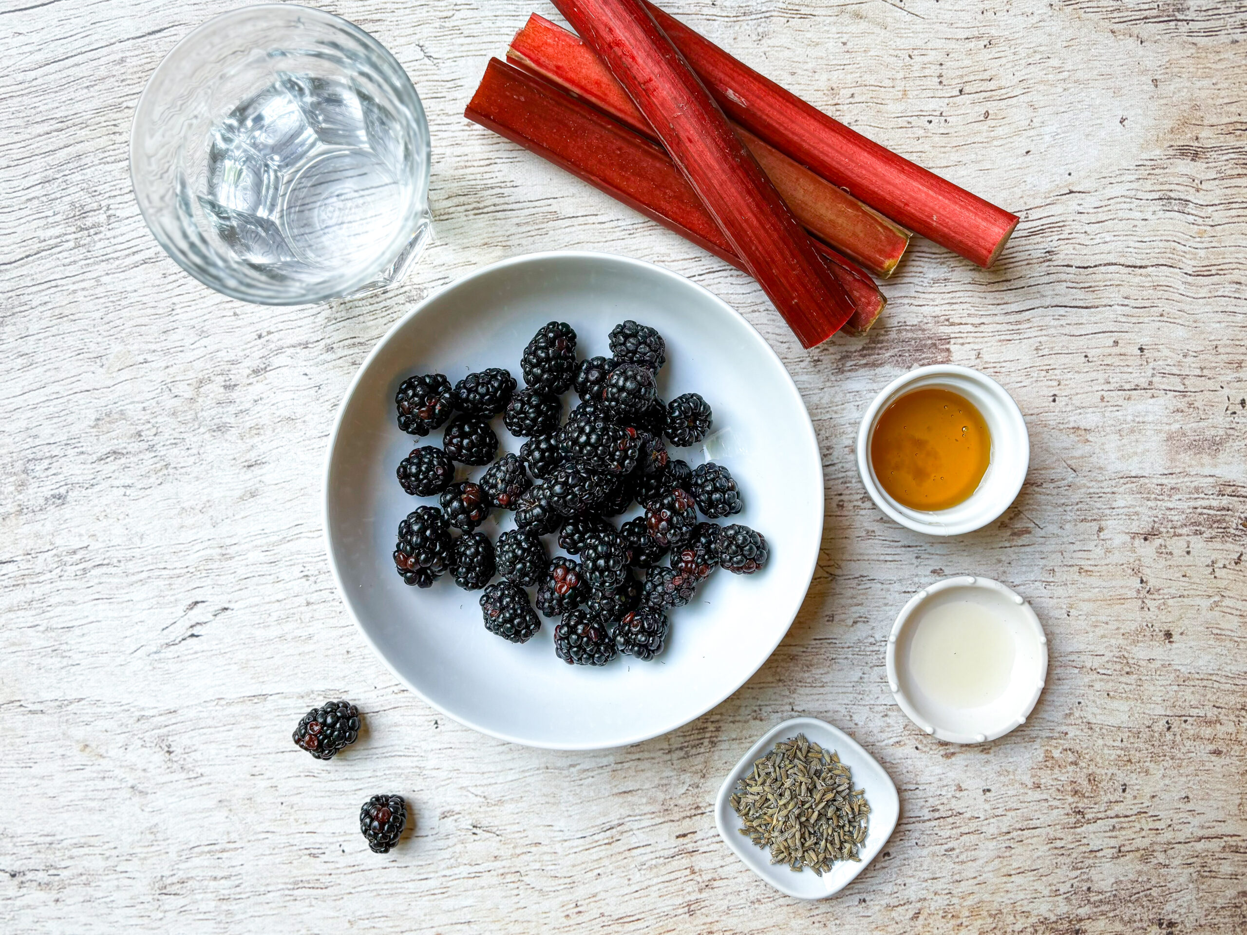 birds eye view of ingredients of vegetables in blackberry-rhubarb fruit roll-up