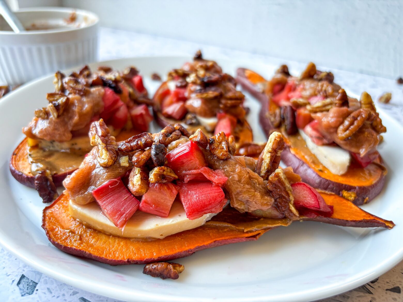 Sweet potato canapes finished, close up.