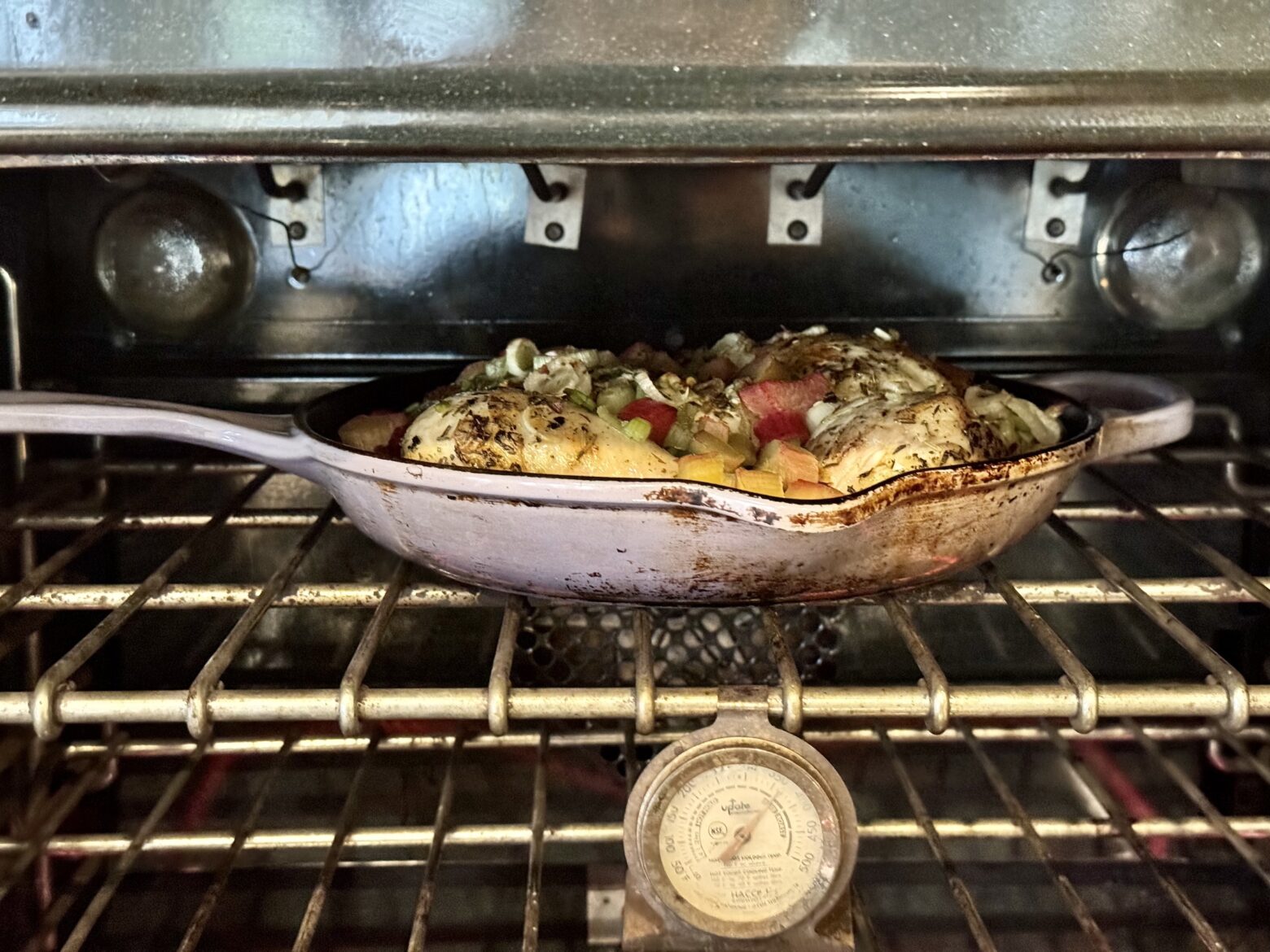 Chicken Rhubarb Skillet in the oven.