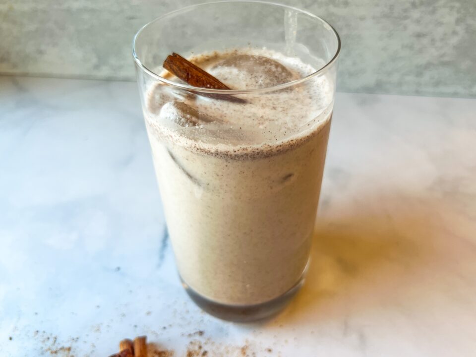 Dairy-free horchata in a cup, close up.
