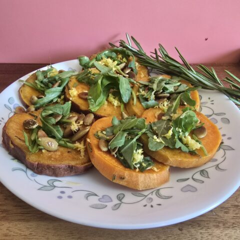 Sweet potato cakes plated and finished.