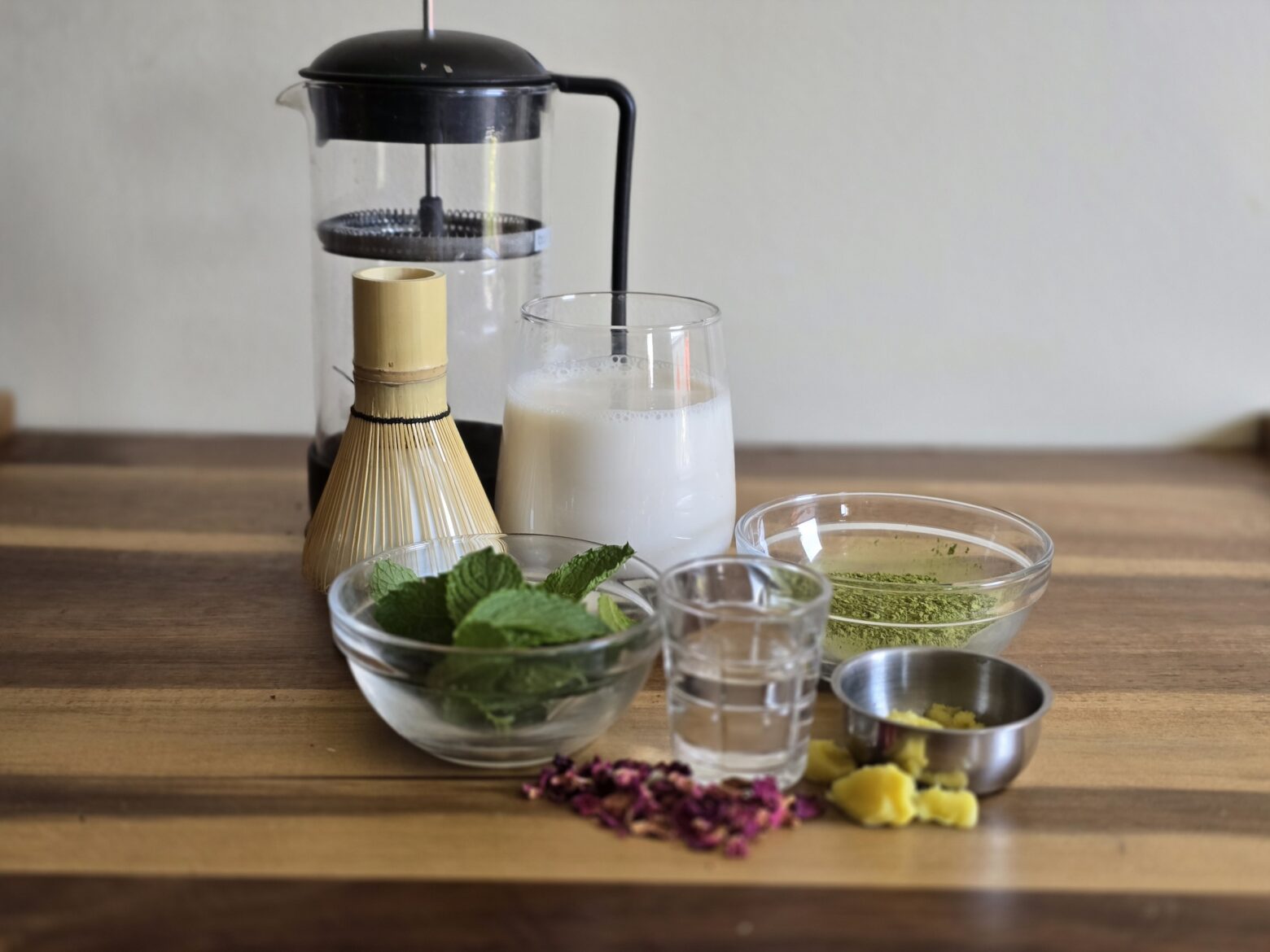 Mint matcha ingredients on a table.