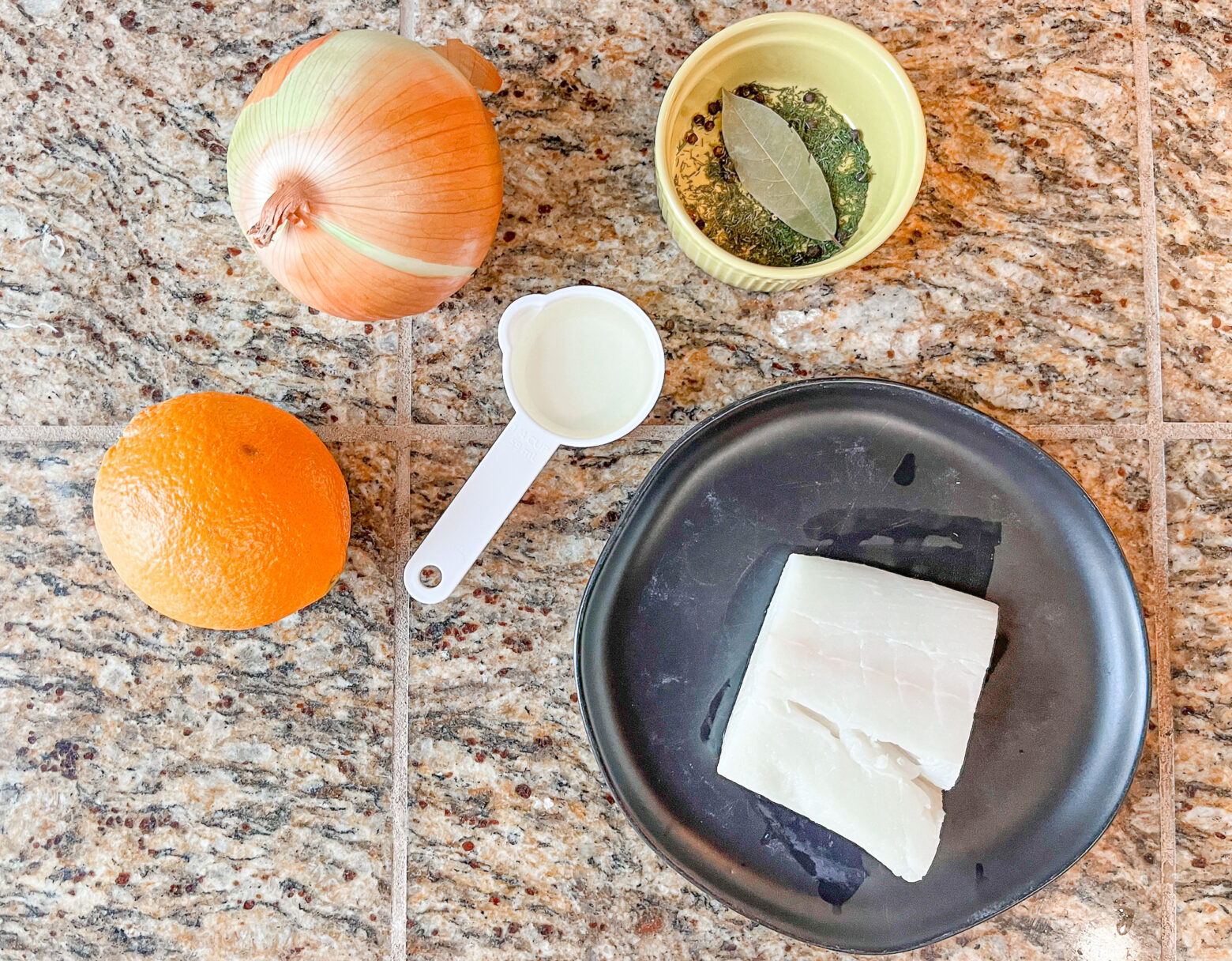 Orange poached halibut ingredients.