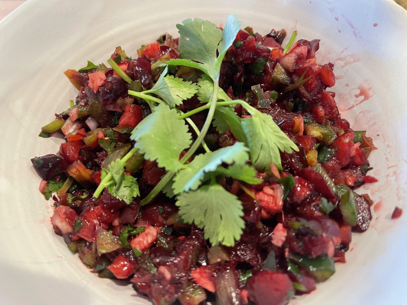 Cherry salsa finished in a bowl.