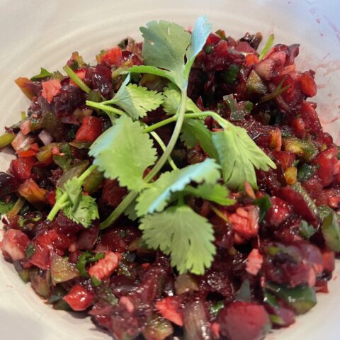 Cherry salsa finished in a bowl.