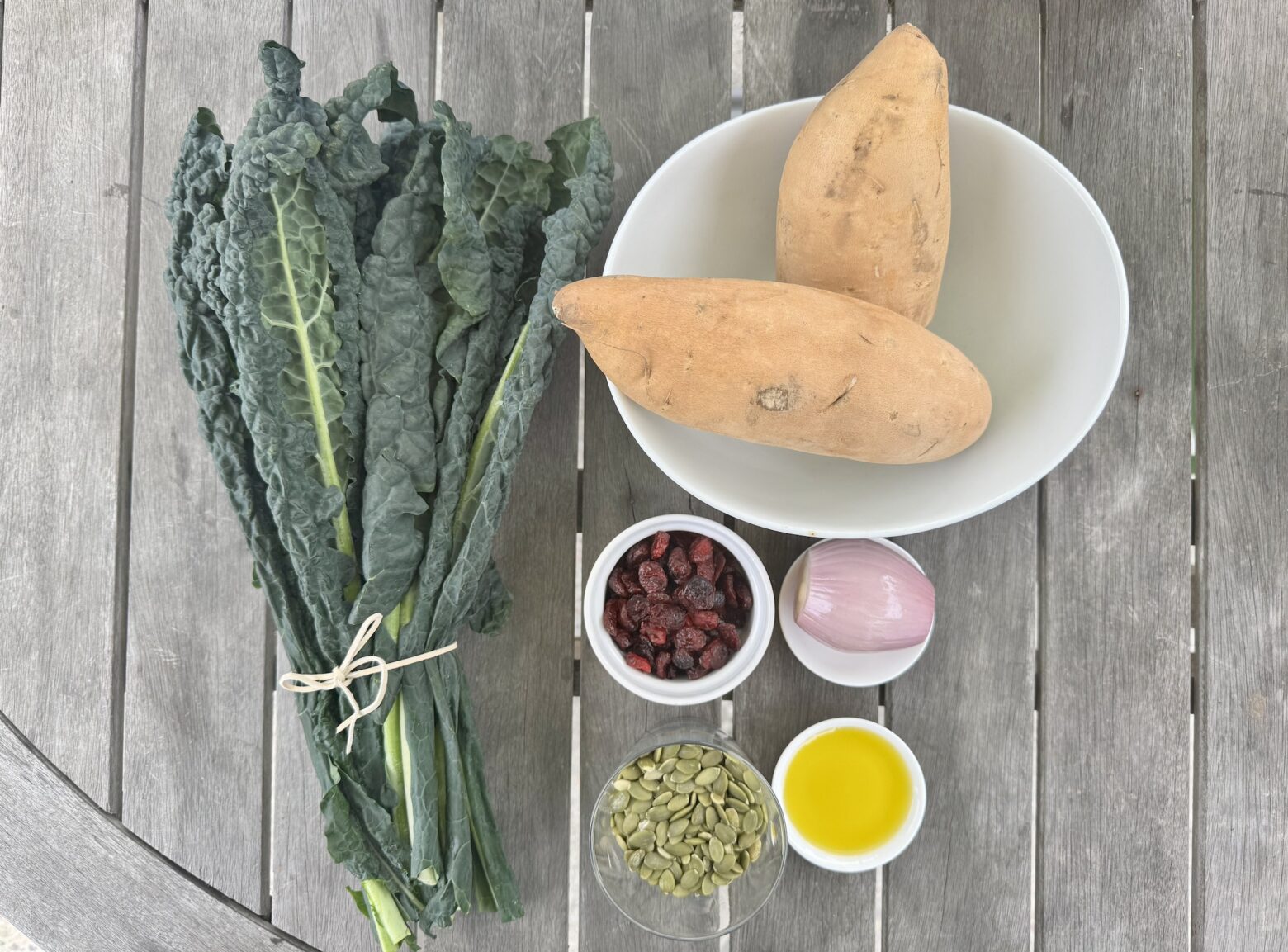 Kale and sweet potato salad ingredients.