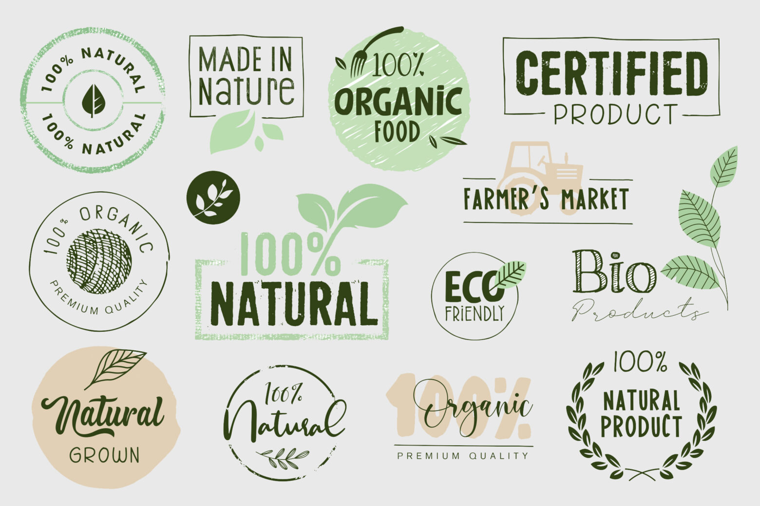 Different food marketing icons, including 100% natural and organic certified