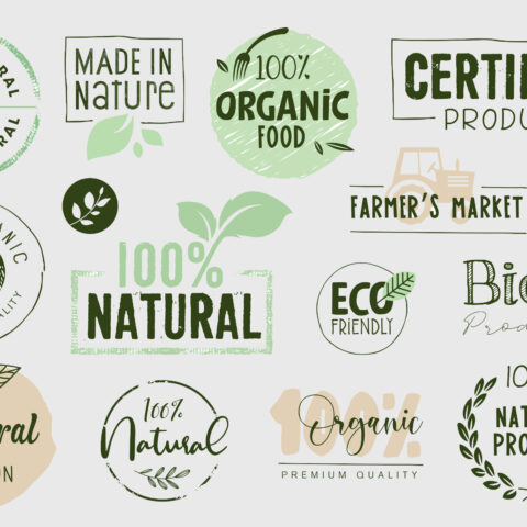 Different food marketing icons, including 100% natural and organic certified