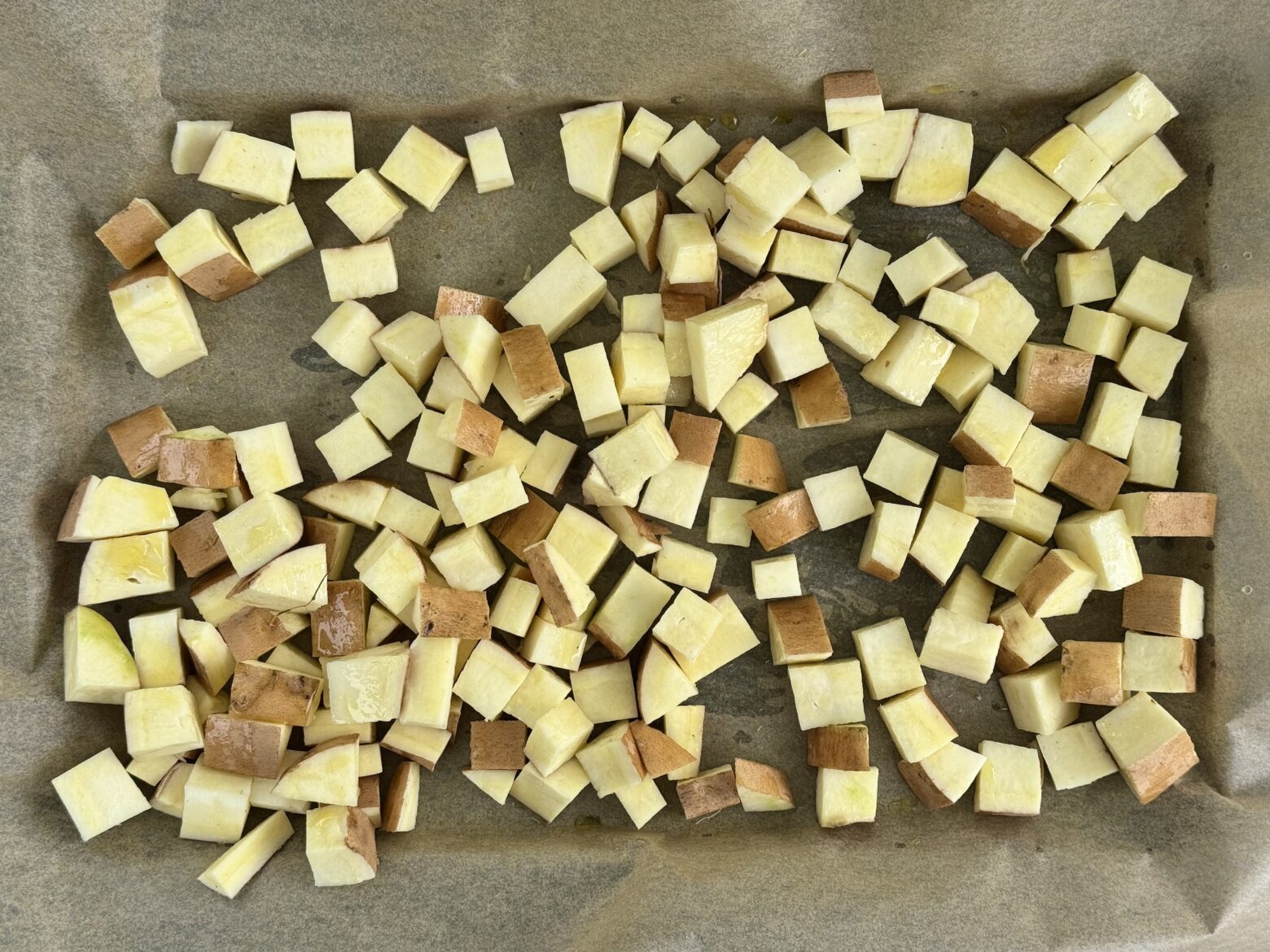 Kale and sweet potato salad prep, white sweet potato.