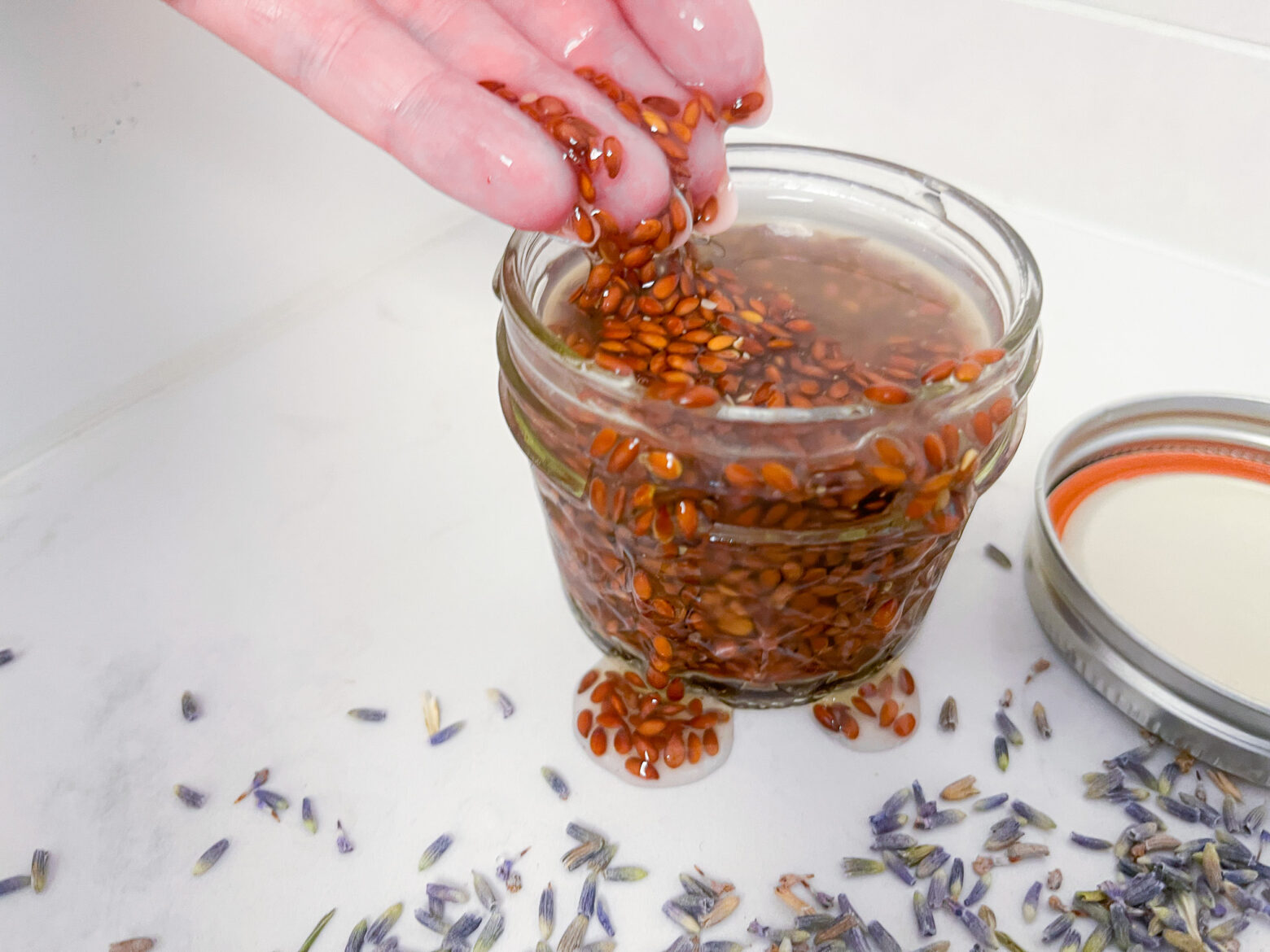 Lavender flaxseed facemask being finished in a jar.