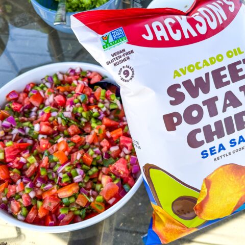 Bag of Jackson's Chips sitting next to a bowl of pico de gallo
