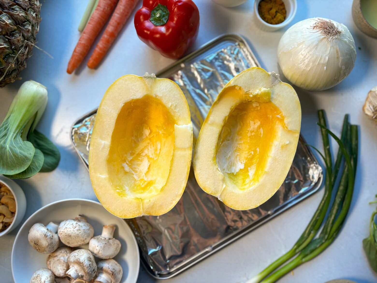 Pork and pineapple bowls prepping the spaghetti squash.