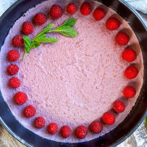 Raspberry mini tart finished, in cake tray.