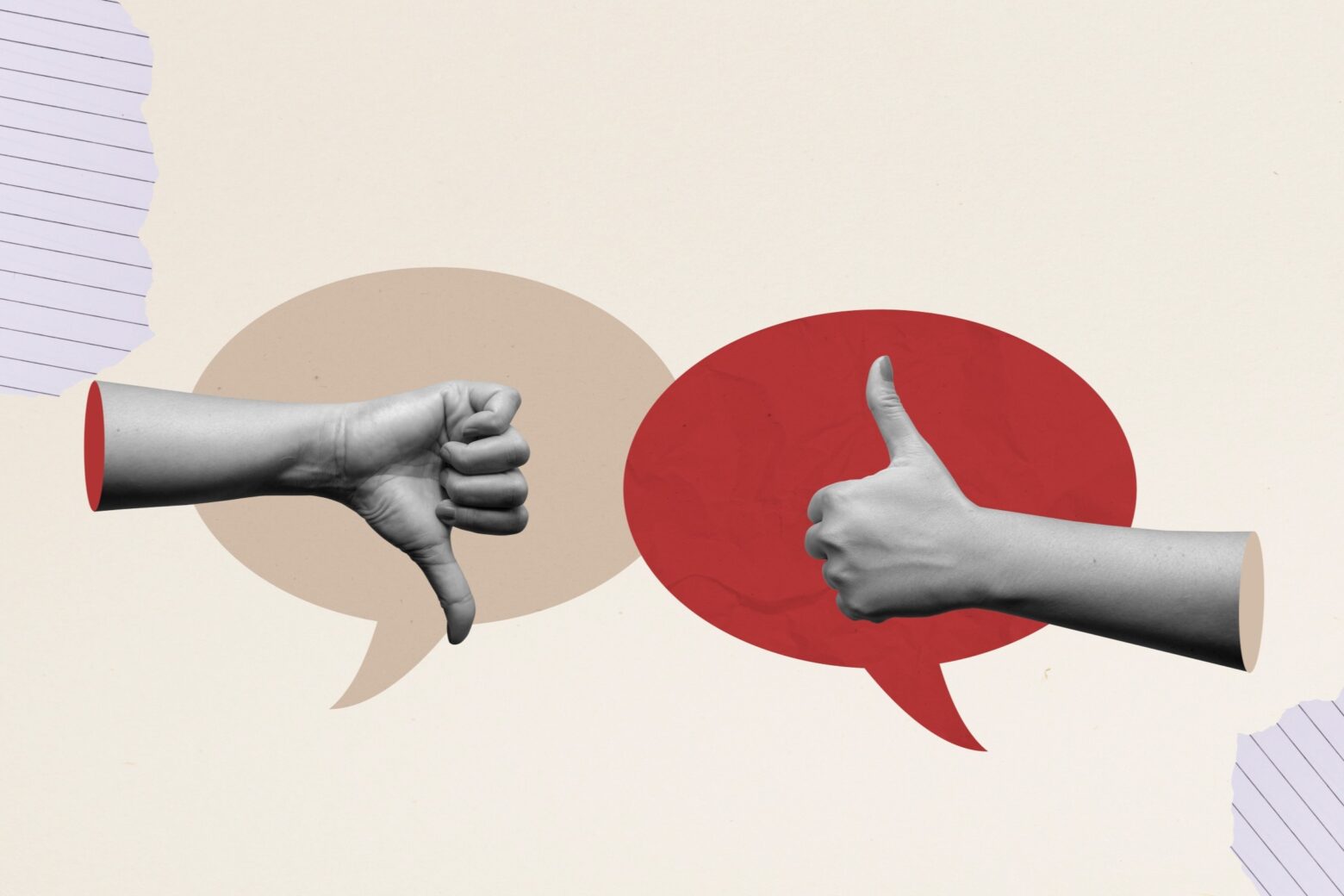 Collage image of black and white hands showing a thumbs up and thumbs down superimposed over speech bubbles