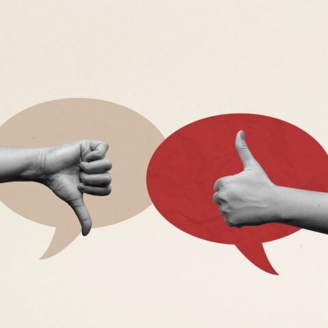 Collage image of black and white hands showing a thumbs up and thumbs down superimposed over speech bubbles