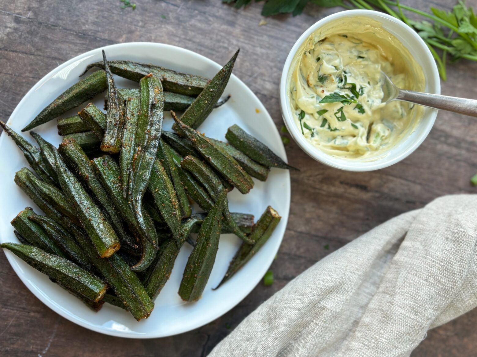 Baked okra bites finished with Paleo remoulade.