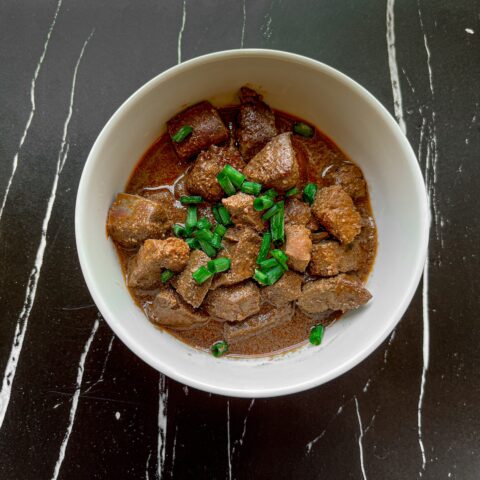 Beef liver recipe finished, in a bowl.
