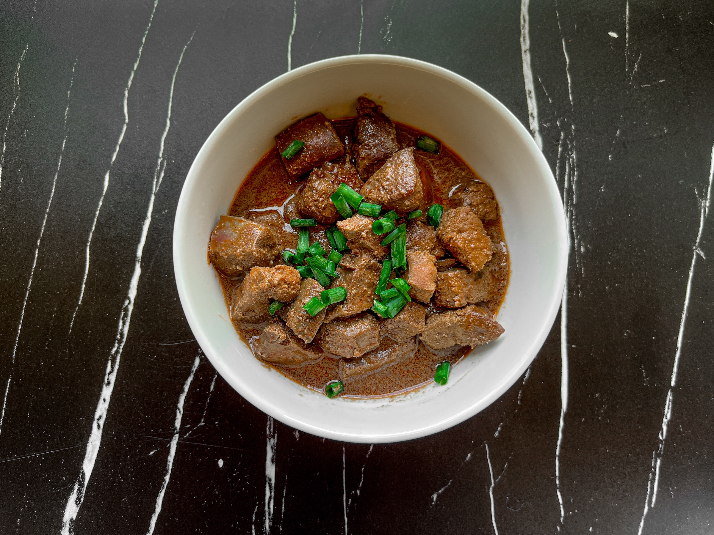 Beef liver recipe finished, in a bowl. 