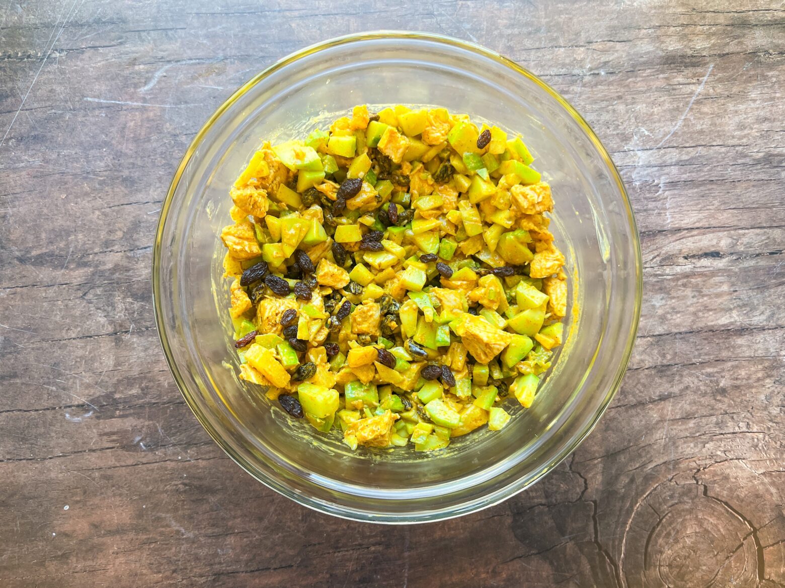 Bombay curry chicken salad in a large bowl, finished.