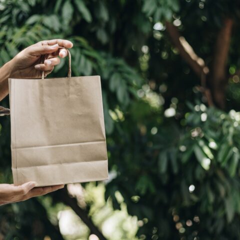 Person off-camera handing over a brown paper bag in front of a lush green tree