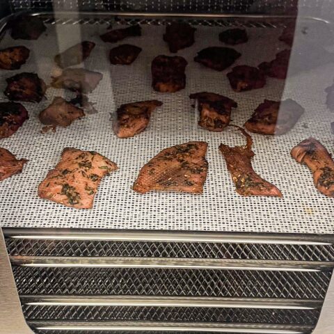 Homemade raspberry pork jerky close up in the oven.