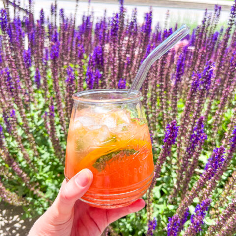 Honey citrus mint tea finished in a single glass outside.