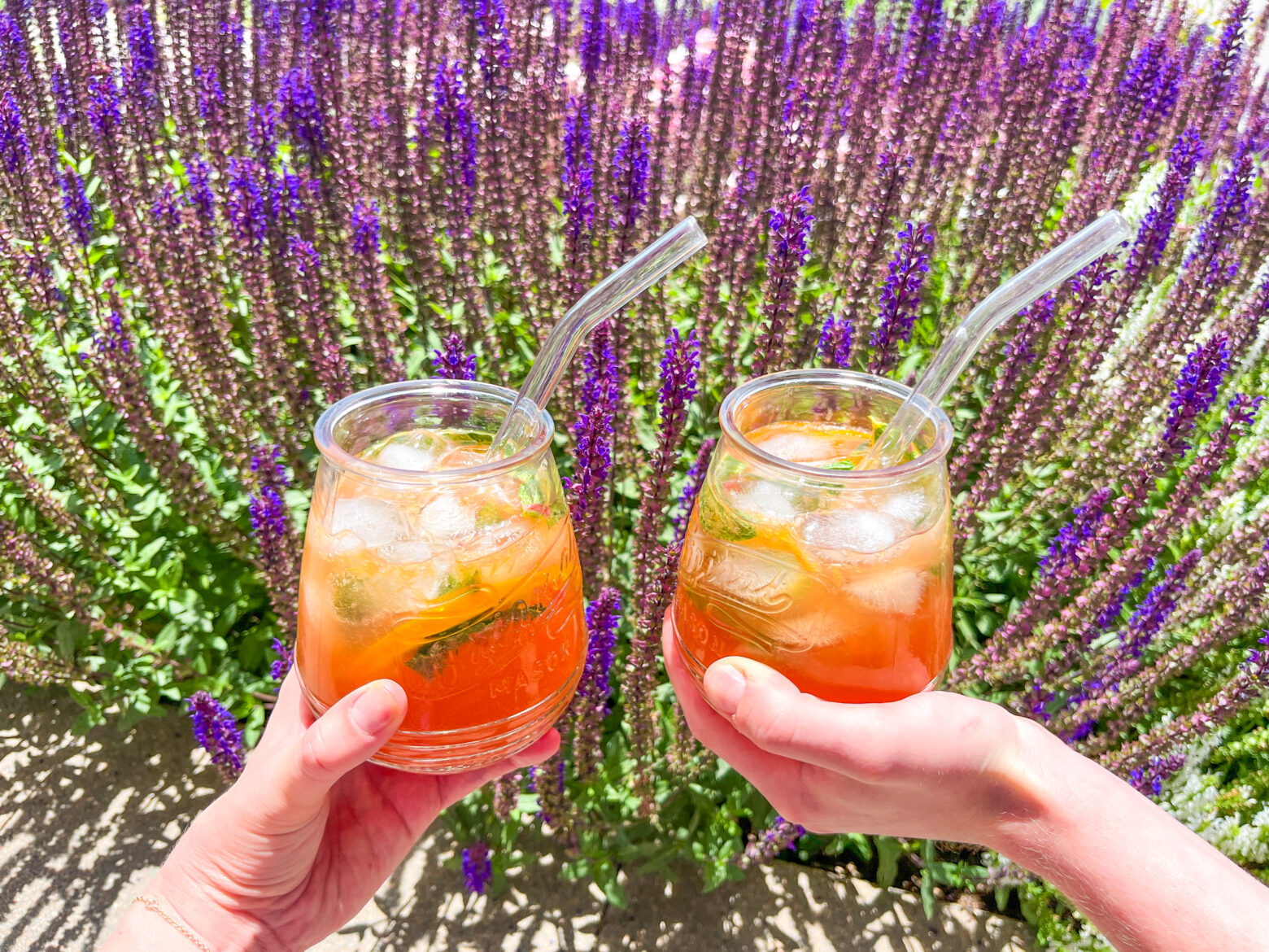 Honey citrus mint tea in two glases, outide infront of flowers.