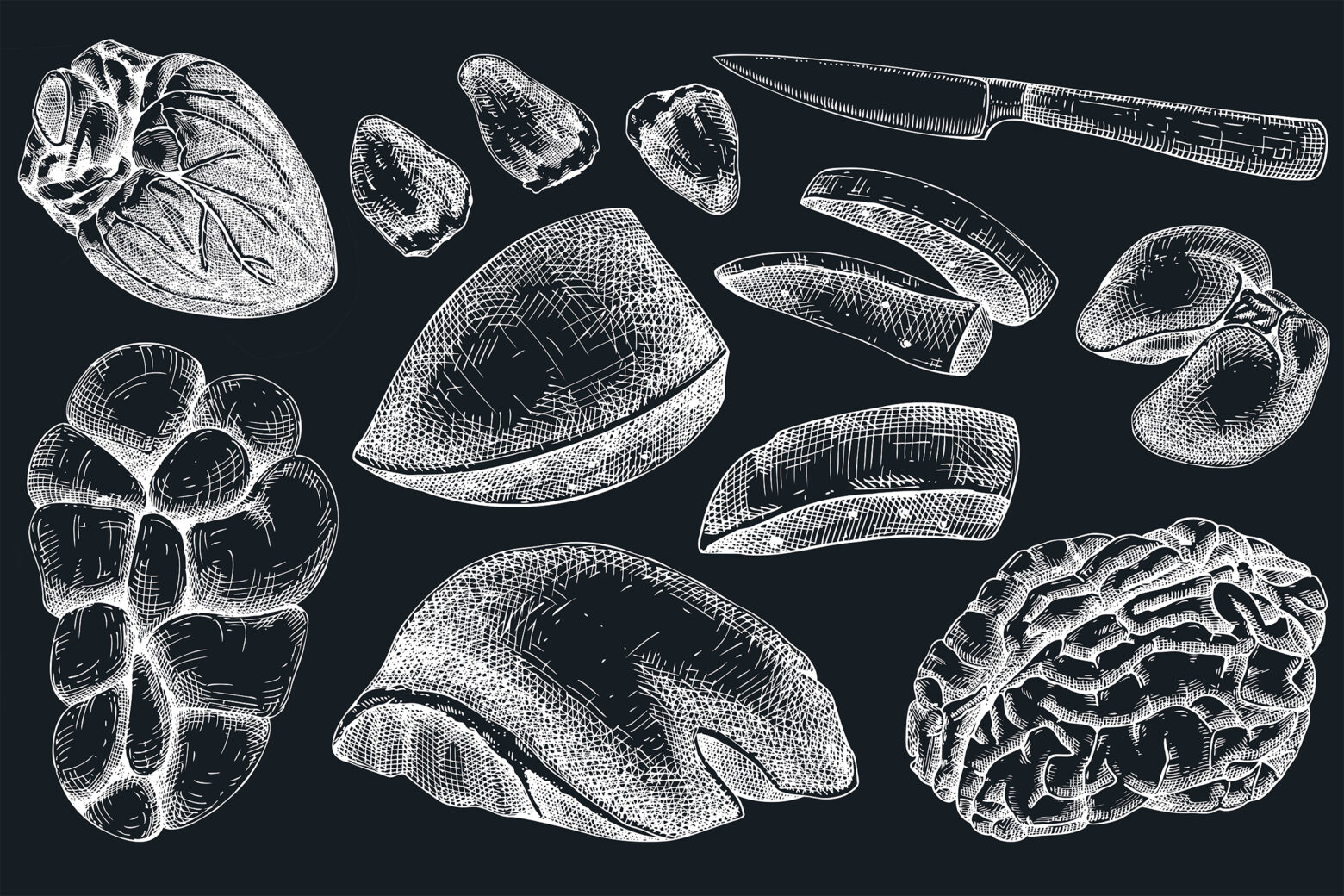 Illustrations of various cuts of organs meats on a black background