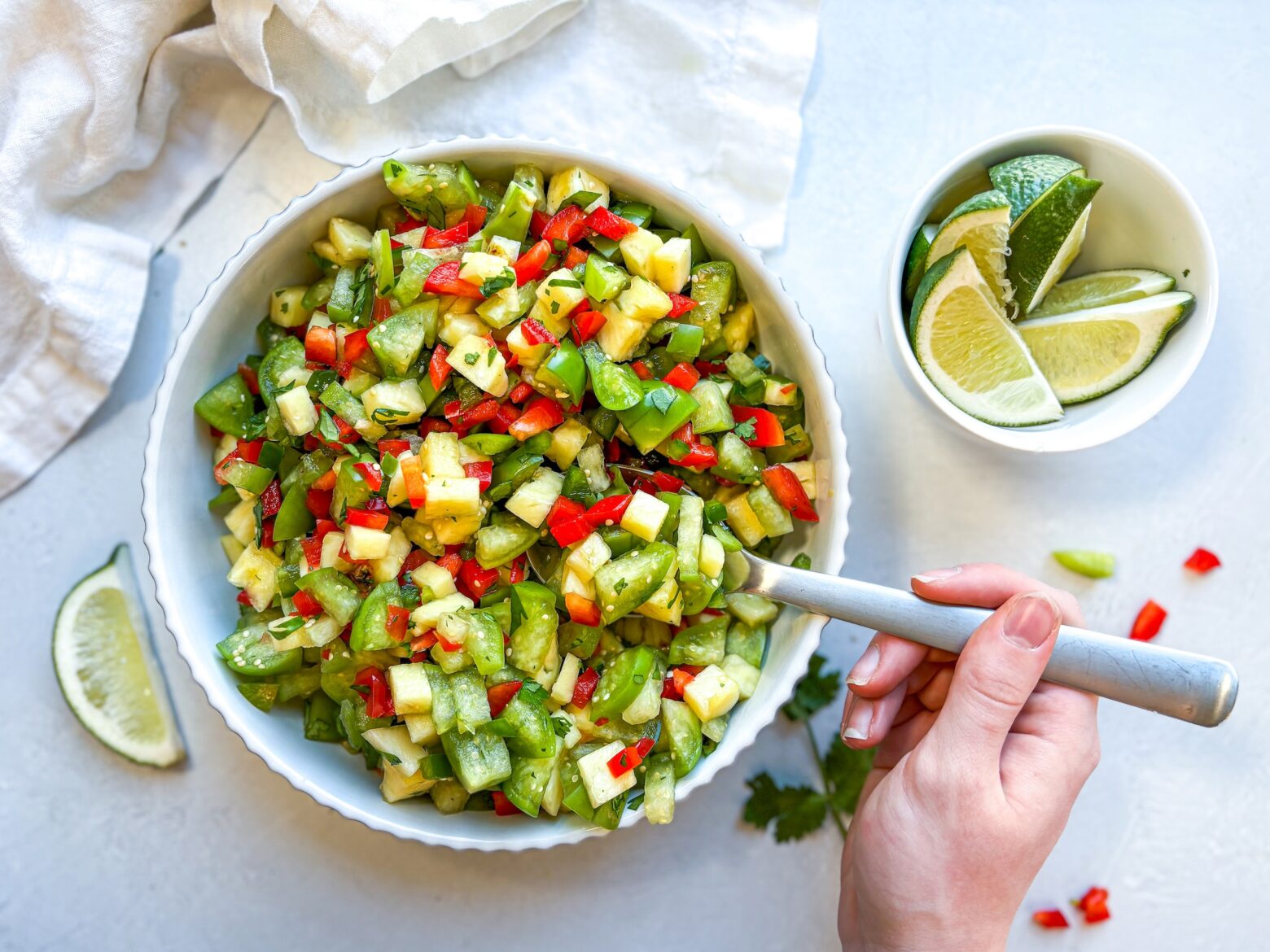 Grilled pineapple salsa verde finished, overhead view.