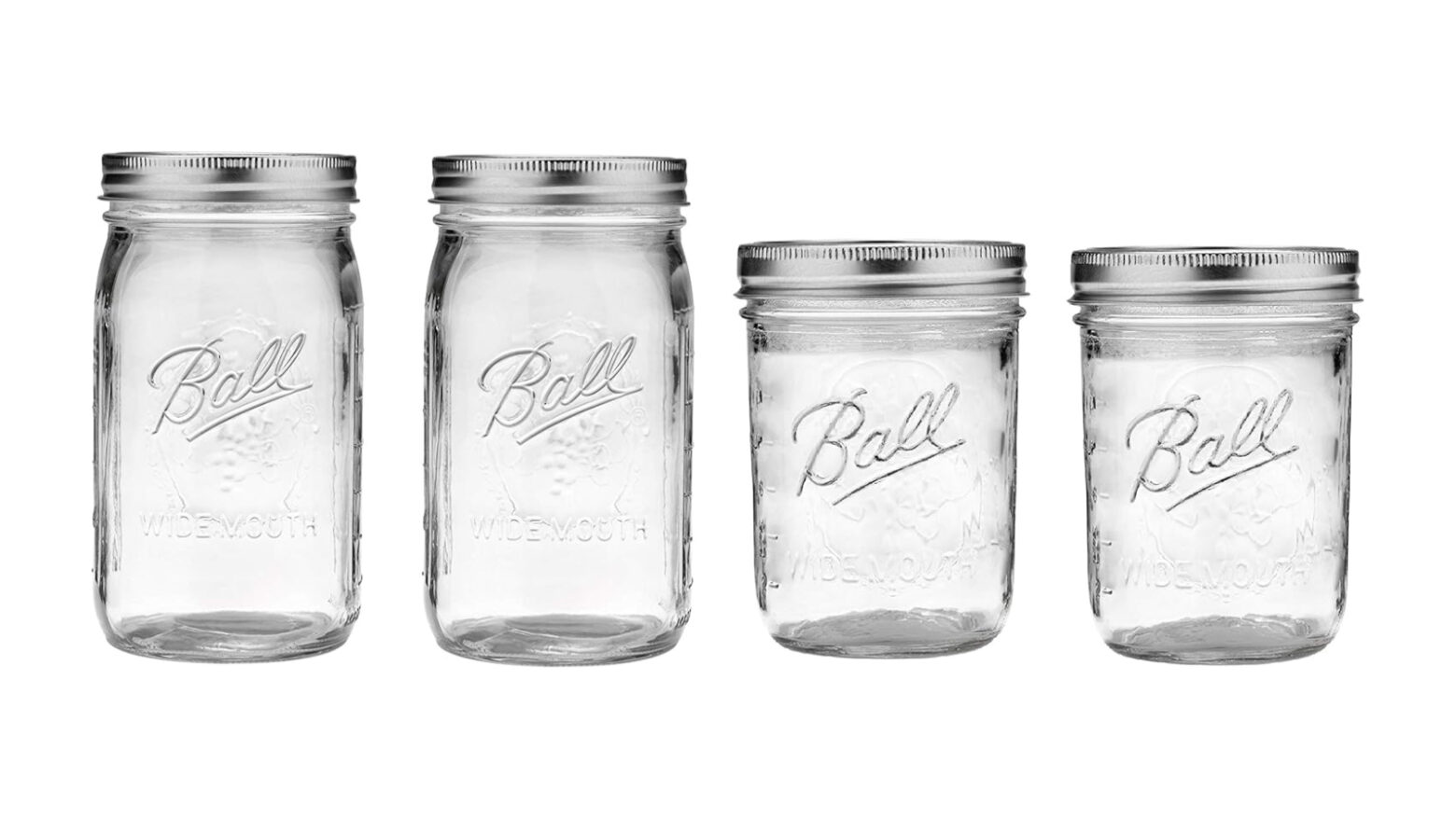 Four screw-top glass Mason jars from Ball Corporation in two sizes.