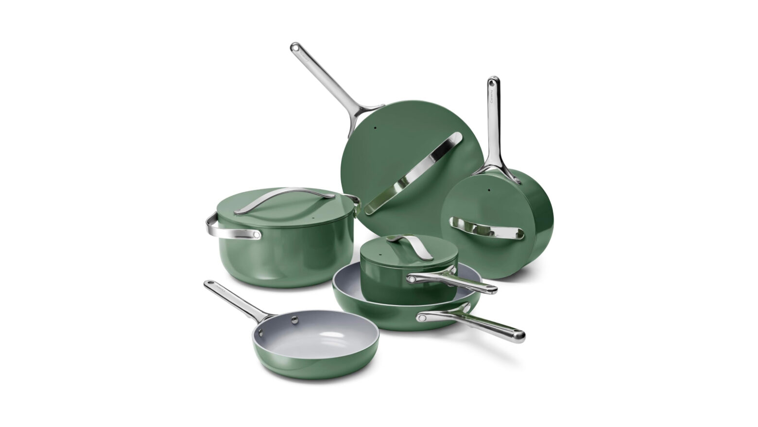 A 16-piece ceramic cookware set from Caraway in green.