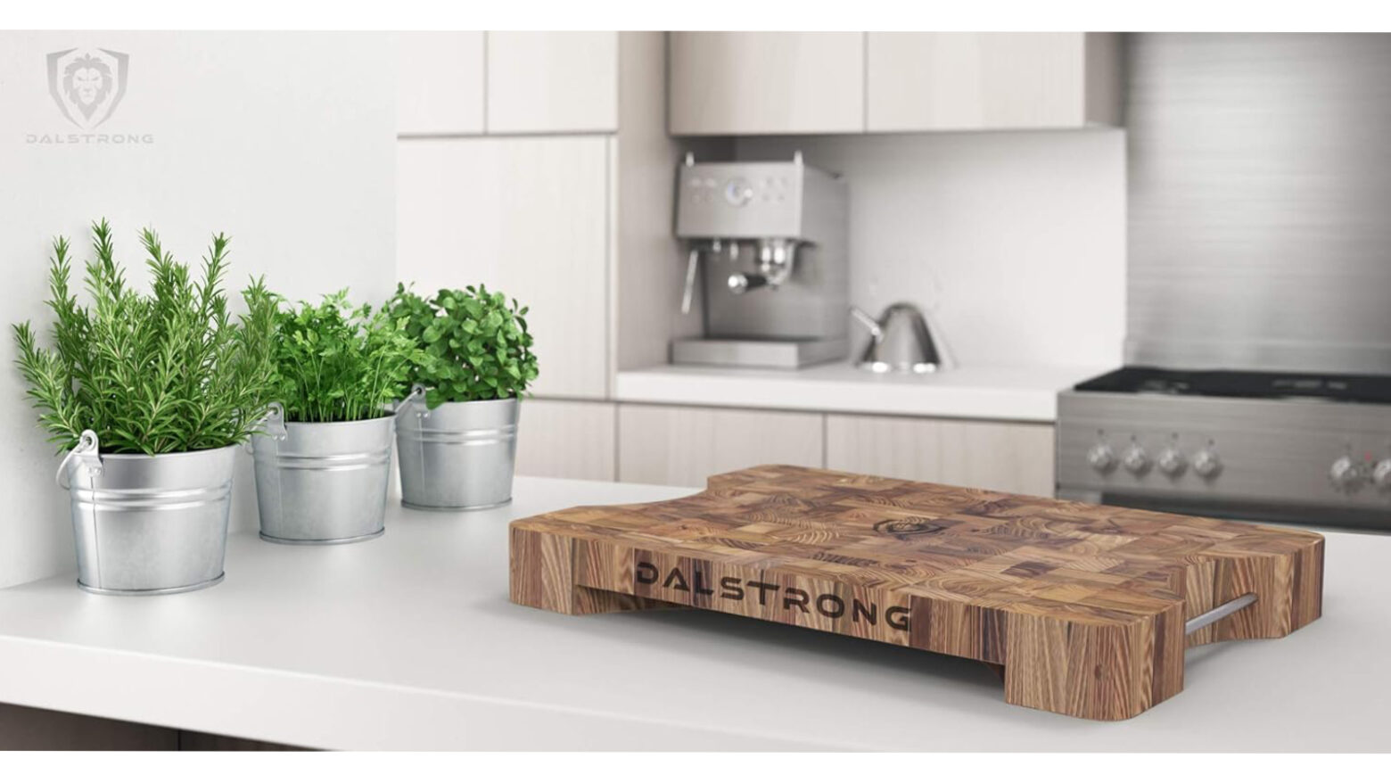 A Dalstrong wood cutting board on a clean kitchen counter.