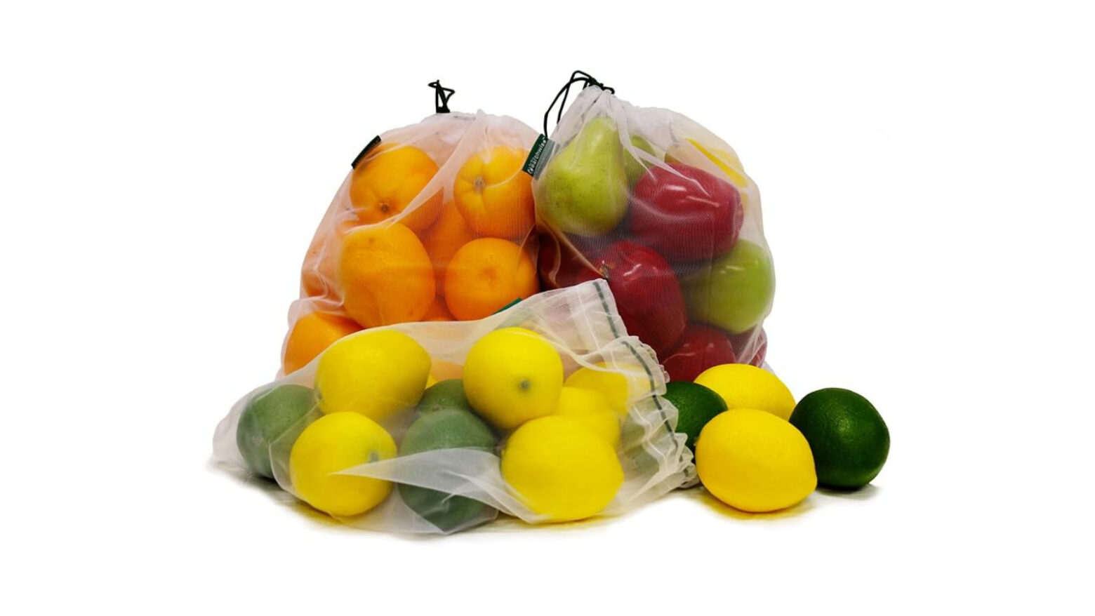 Earthwise mesh produce bags filled with various fruits.